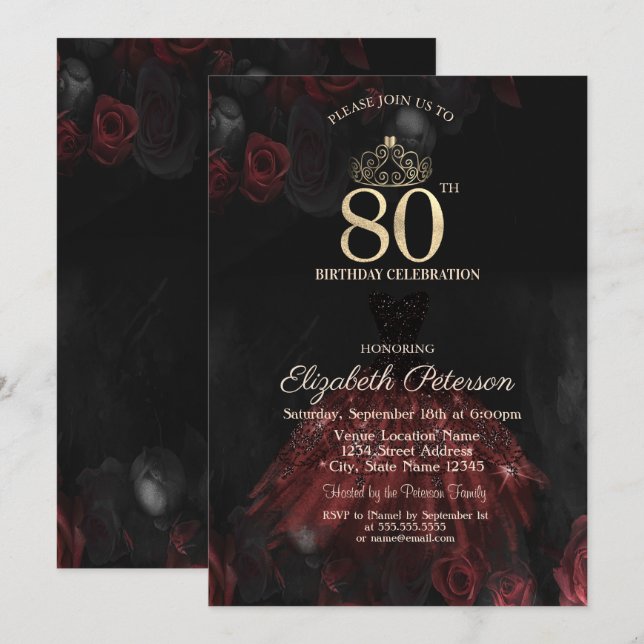  Dress,Tiara,Red Roses 80th Birthday Invitation (Front/Back)