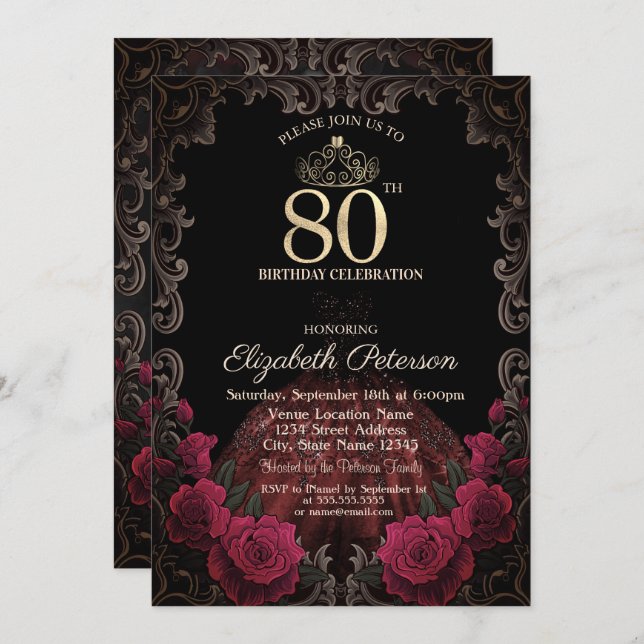  Dress,Tiara,Red Roses Gothic Frame 80th Birthday Invitation (Front/Back)