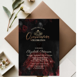 Dress,Tiara,Red Roses Quinceañera   Invitation