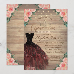 Dress, Tiara,String Lights Wood Roses Quinceañera Invitation