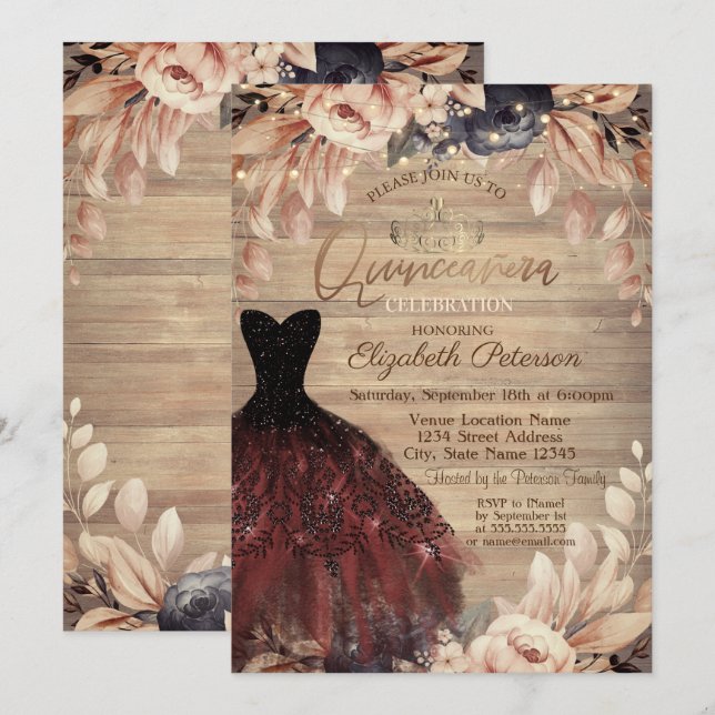Dress, Tiara,Wood Blue Roses Quinceañera Invitation (Front/Back)
