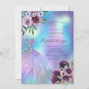 Dress,Violet Flowers Holographic Quinceañera  Invitation