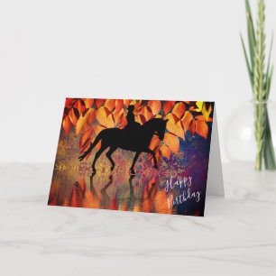 Dressage Horse and Rider Autumn Leaves Birthday Holiday Card