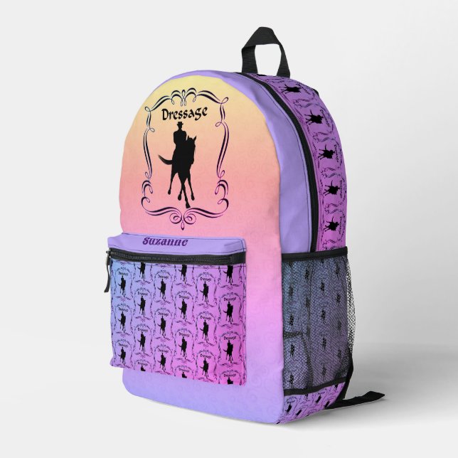 Dressage Horse And Rider Silhouette Personalised Printed Backpack (Back Corner Right)