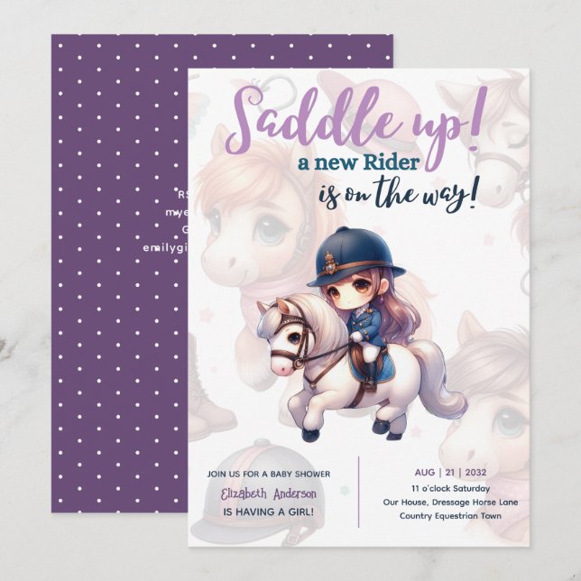 Dressage Rider Baby Girl Shower Horse Rider on Way Invitation (Front/Back)