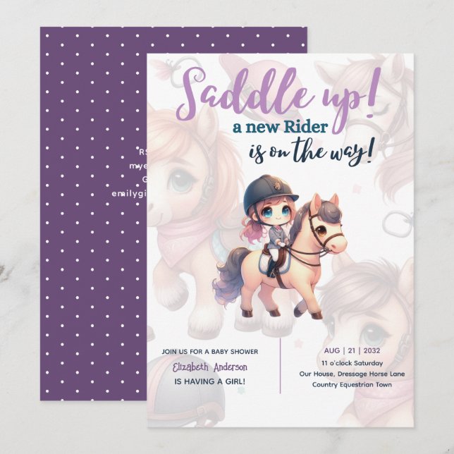 Dressage Rider Baby Girl Shower Horse Rider on Way Invitation (Front/Back)