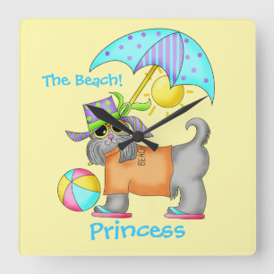 Dressed Beach Dog Personalised Yellow Square Wall Clock