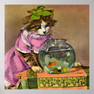 dressed cat and fish bowl poster