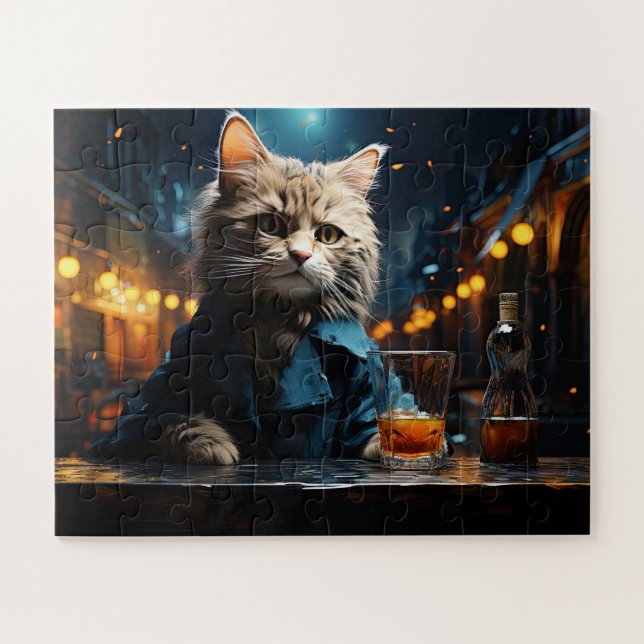 Dressed Cat at Cafe by Night Jigsaw Puzzle (Horizontal)