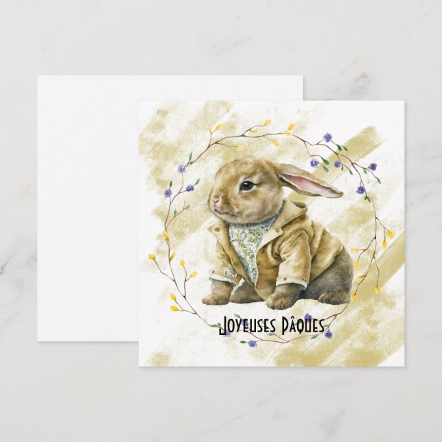 Dressed Easter Rabbit In Wreath of Flowers Holiday Card (Front/Back)