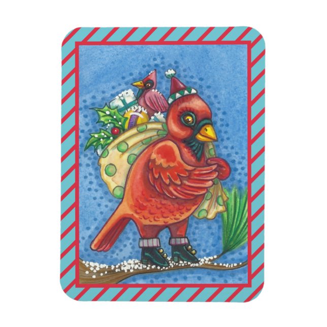 DRESSED IN RED SANTA, CHRISTMAS CARDINAL MAGNET (Vertical)