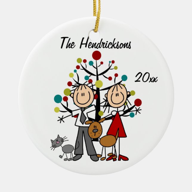 Dressed Up Couple, Dog, Cat Personalised Ornament (Front)