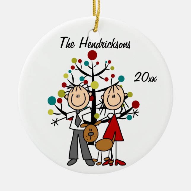 Dressed Up Couple With Dog Personalised Ornament (Front)