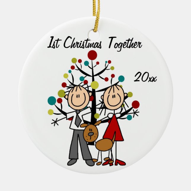 Dressed Up Couple With Dog Personalised Ornament (Front)