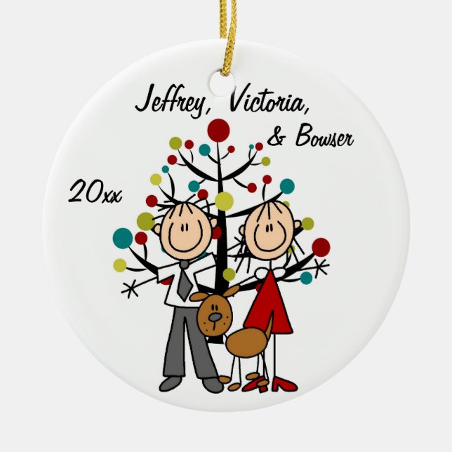 Dressed Up Couple With Dog Personalised Ornament (Front)