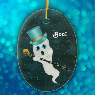 Dressed Up Ghost in Starry Night Sky Top Hat Skull Ceramic Tree Decoration