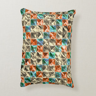 Dressy beige, cyan and coral tiles or stained decorative cushion