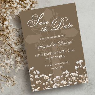 Dried Baby's Breath on Brown Religious Wedding Save The Date