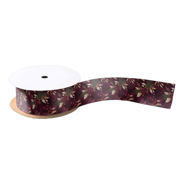 Dried Berries and Gold Coloured Leaves Satin Ribbon (Spool)