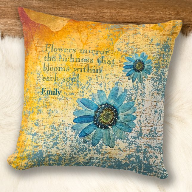 Dried Blue Daisies on Ochre Surface Flowers Quotes Cushion (Creator Uploaded)