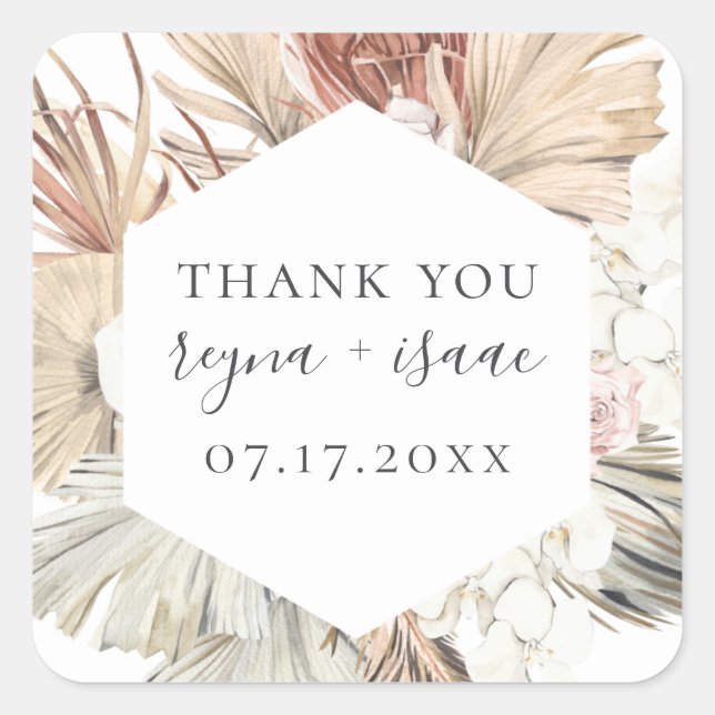 Dried Botanical Frame Wedding Favour Square Sticker (Front)