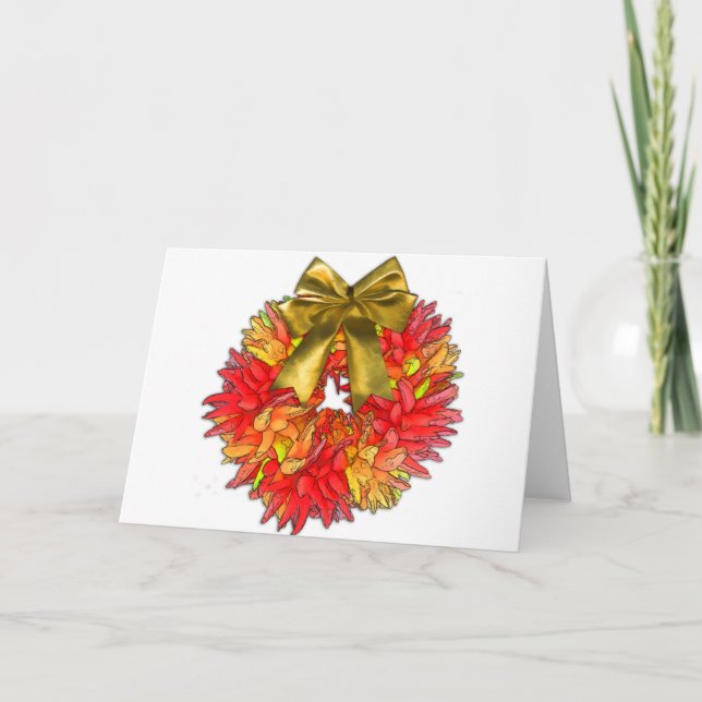 Dried Chilli Pepper Wreath & Gold Bow Holiday Card (Front)