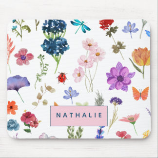 Dried colored small flower watercolor first name mouse mat