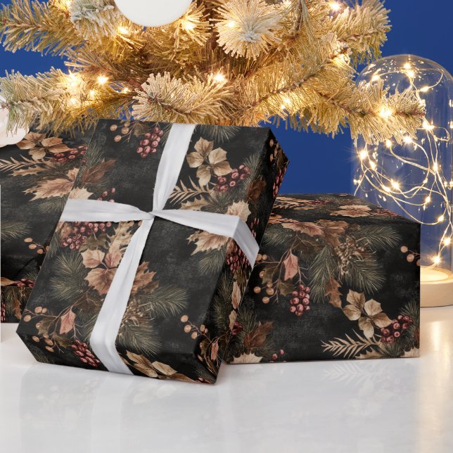 Dried Floral and Gold Coloured Leaves Wrapping Paper (Holidays)