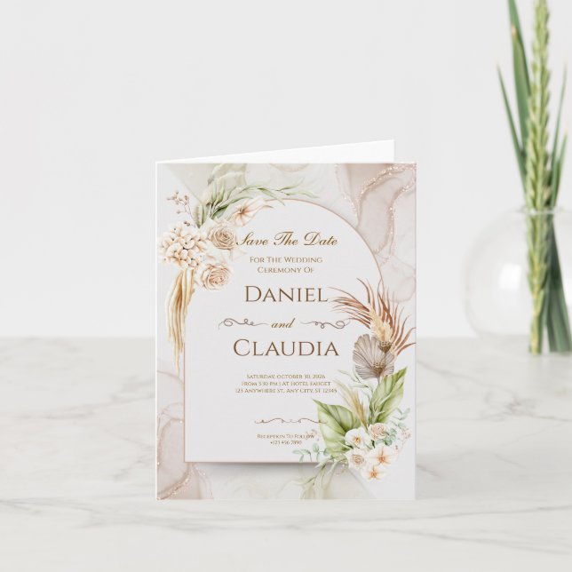 Dried Floral Arch Wedding Invitation with Grass (Front)