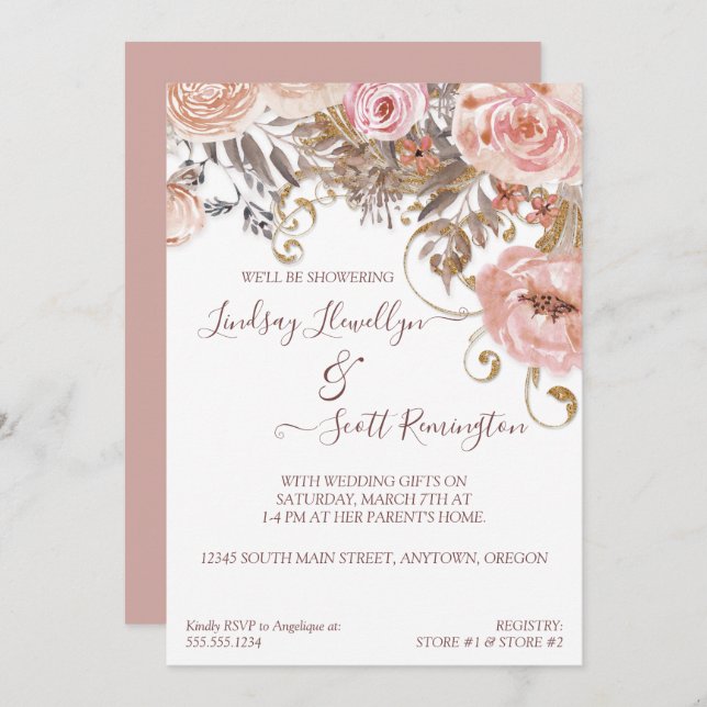 Dried Floral Boho Blush Rose Gold Bridal Shower Invitation (Front/Back)
