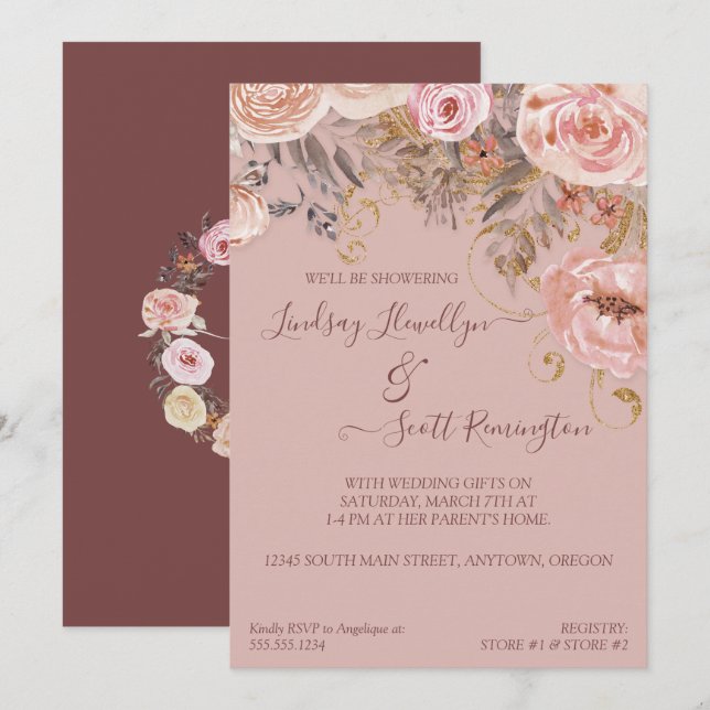 Dried Floral Boho Burgundy Rose Gold Bridal Shower Invitation (Front/Back)