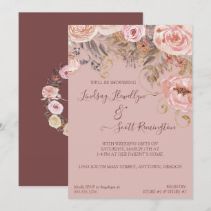 Dried Floral Boho Burgundy Rose Gold Bridal Shower Invitation