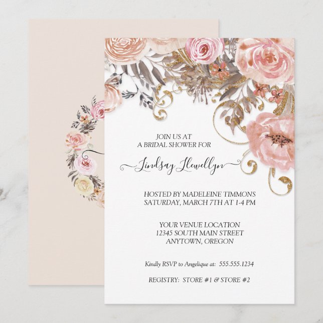 Dried Floral Boho Peach Rose Gold Bridal Shower Invitation (Front/Back)