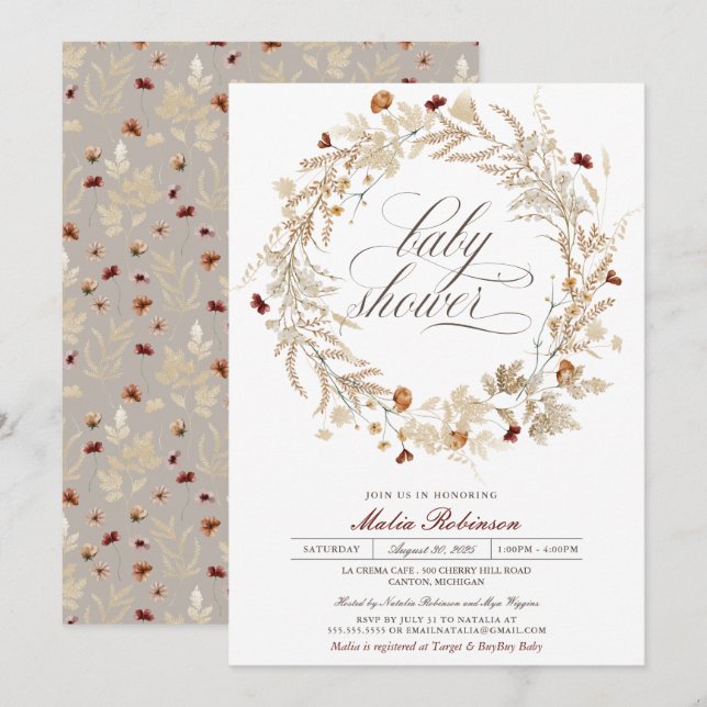 Dried Floral Wildflowers Autumn Fall Baby Shower Invitation (Front/Back)