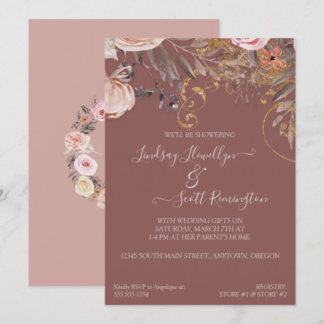 Dried Flower Foliage Rose Gold Boho Couples Shower Invitation (Front/Back)