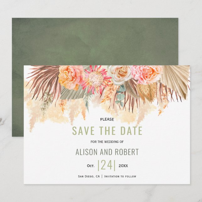 Dried flowers and pampas grass stained green save the date (Front/Back)