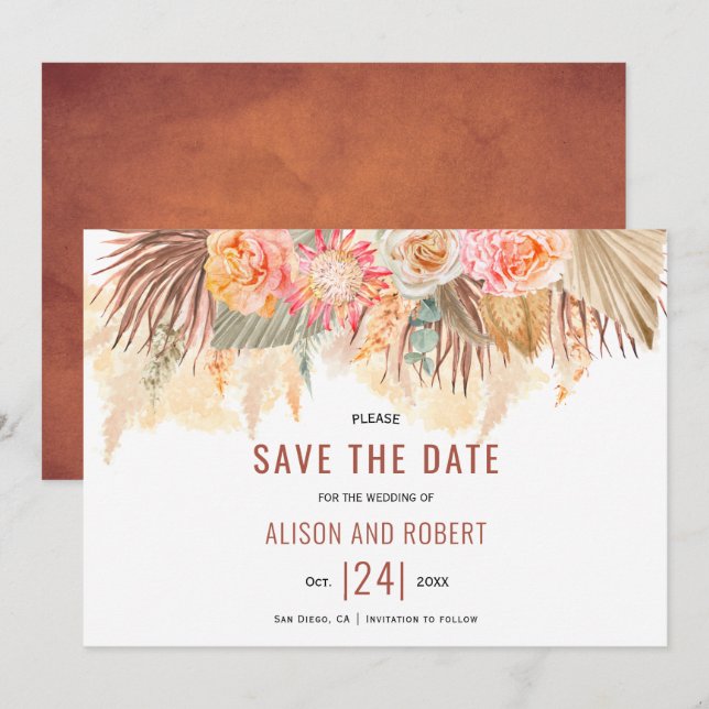 Dried flowers and pampas grass stained terracotta save the date (Front/Back)