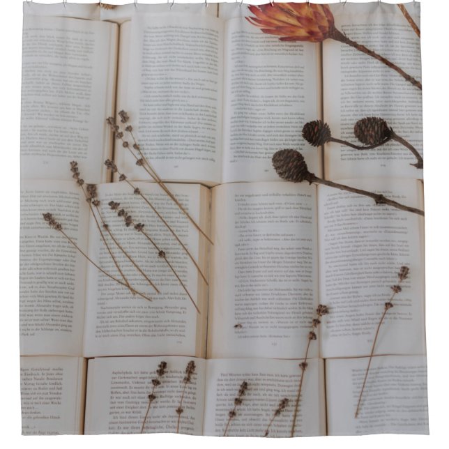 Dried flowers on books shower curtain (Front)