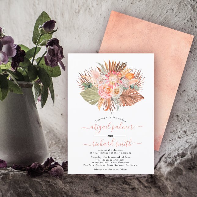 Dried flowers pampas grass palm leaf coral wedding invitation (Creator Uploaded)