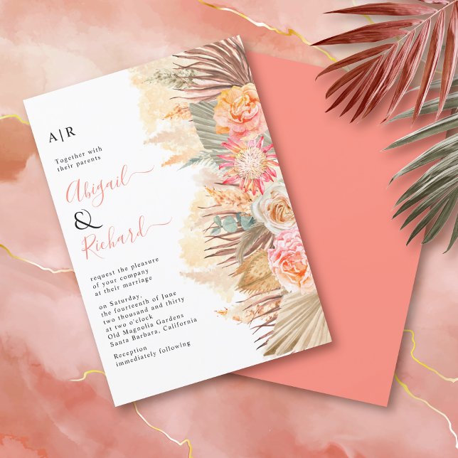 Dried flowers, pampas grass, palms coral wedding invitation (Creator Uploaded)