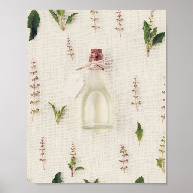 Dried herbs glass bottle burlap texture background poster (Front)