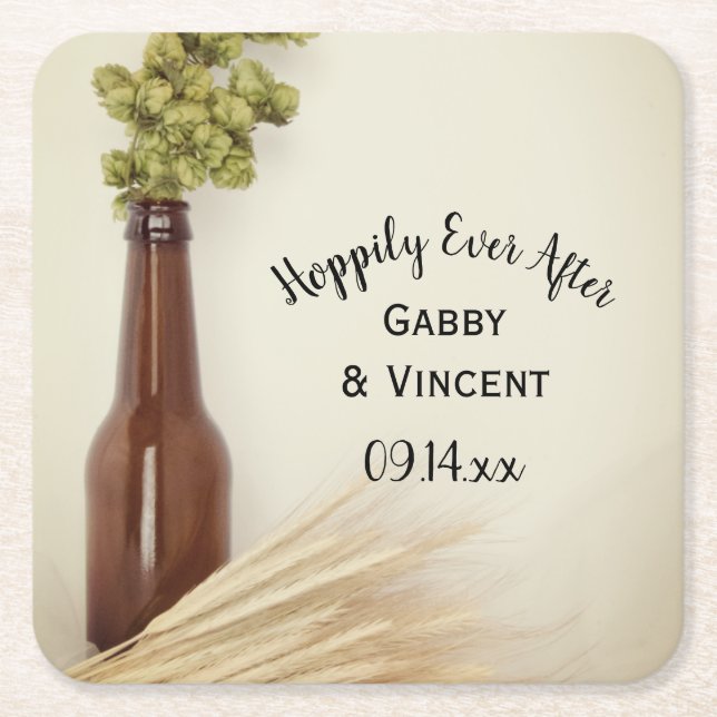 Dried Hops and Wheat Brewery Wedding Square Paper Coaster (Front)