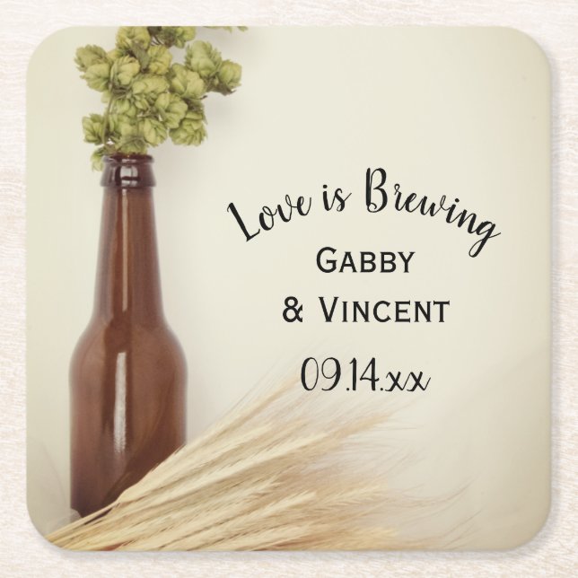Dried Hops and Wheat Brewery Wedding  Square Paper Coaster (Front)