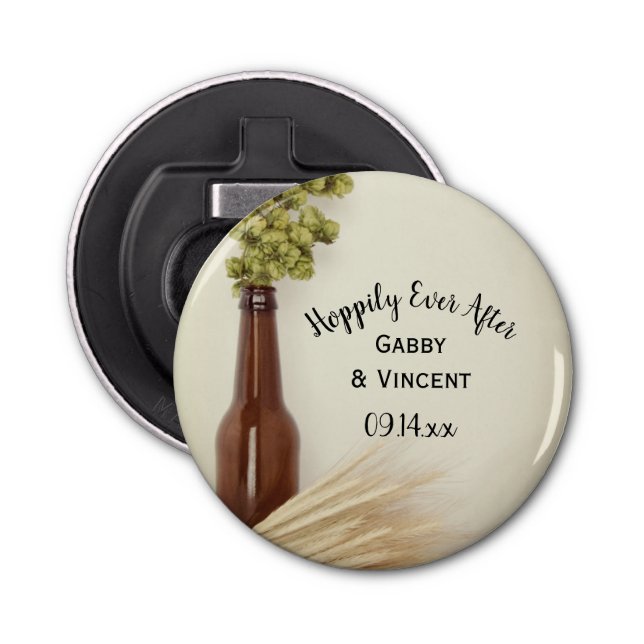 Dried Hops and Wheat Hoppily Ever After Wedding Bottle Opener (Front)