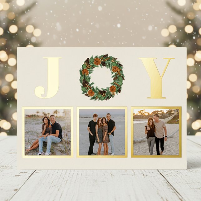 Dried Orange Joy Pine Wreath Three Photo Gold Foil Holiday Card (Creator Uploaded)