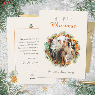 Dried Orange Watercolor Wreath Photo Christmas Holiday Card