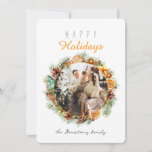 Dried Orange Watercolor Wreath Photo Christmas Holiday Card