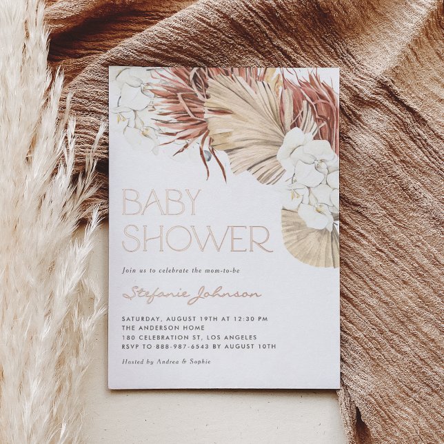 Dried Palm and White Orchid Boho Baby Shower (Rose gold foil baby shower invitation featuring watercolor orchids, pampas grass, and dried palm.)