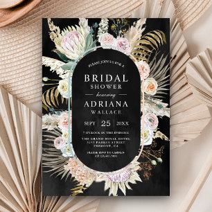 Dried Palm Boho Pampas Floral Black Bridal Shower Invitation
