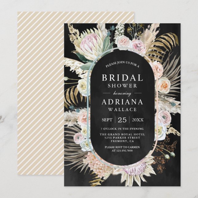 Dried Palm Boho Pampas Floral Black Bridal Shower Invitation (Front/Back)
